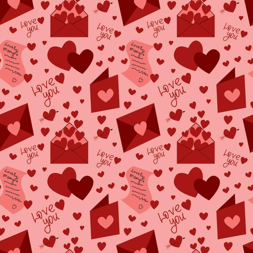 Seamless pattern with envelope and message with heart shape, lipstick kisses and phrase I sent you my love. Flat vector illustration for Valentine's day, wedding