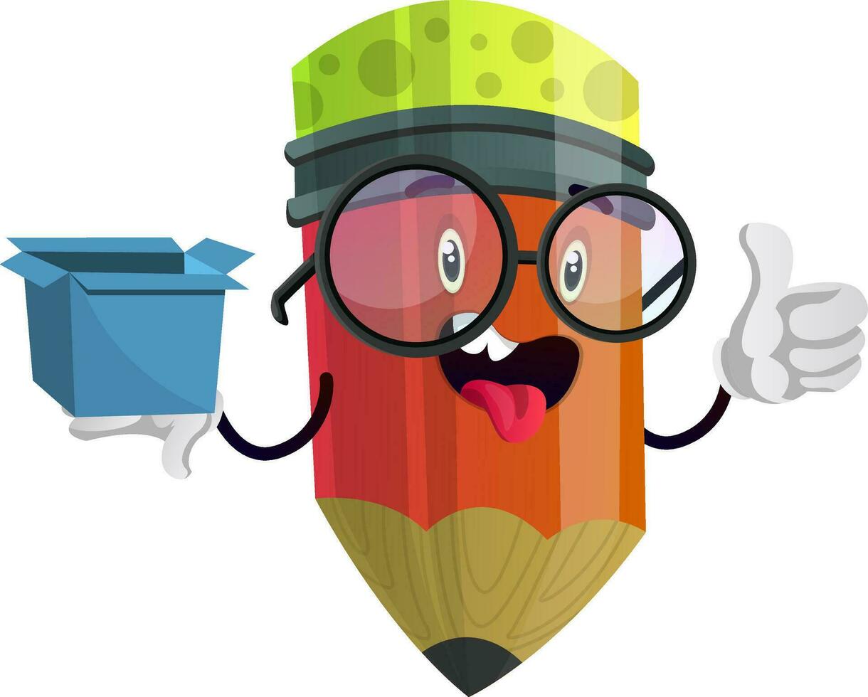 Red pencil holding blue box and sticking his tongue out illustration vector on white background
