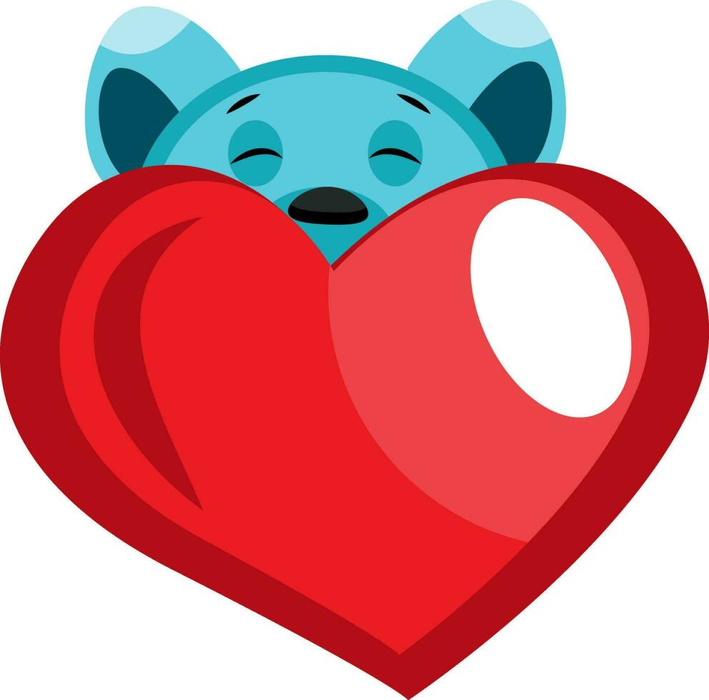 Blue bear peeking behind red heart illustration vector on white background