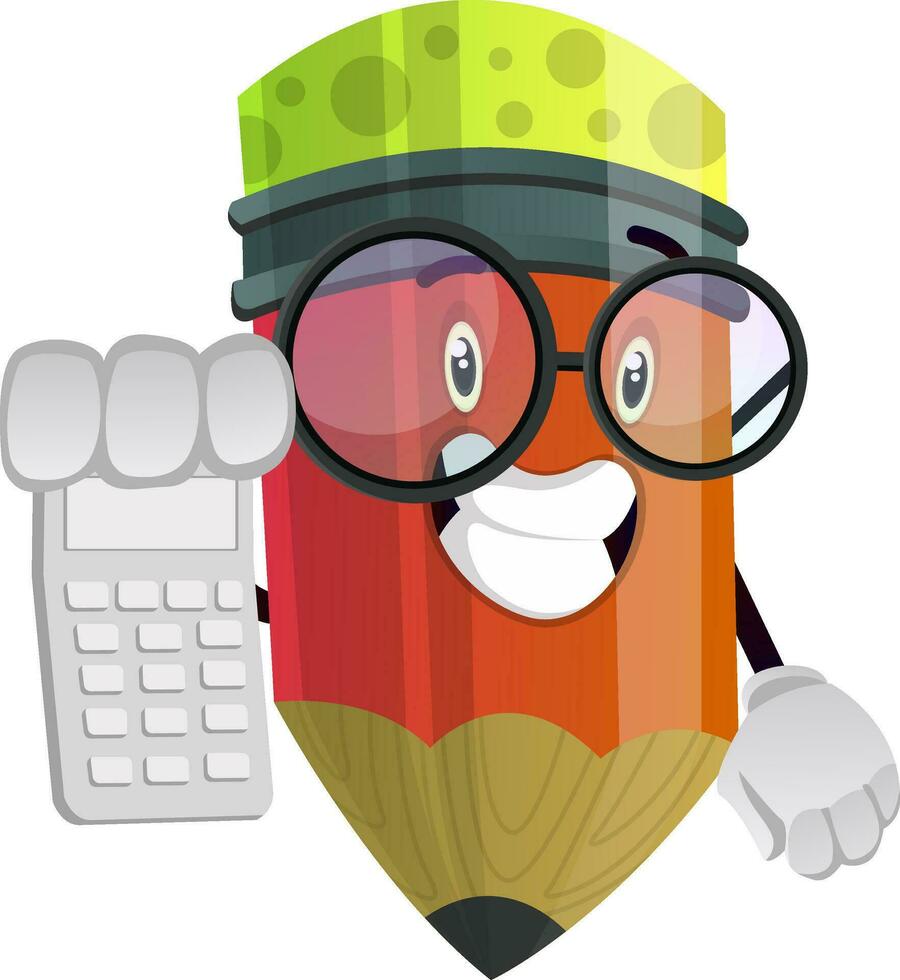 Red pencil holding calculator in his right hand illustration vector on white background