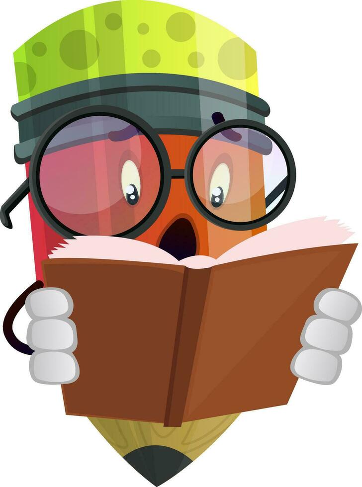Scared pencil reading a book illustration vector on white background
