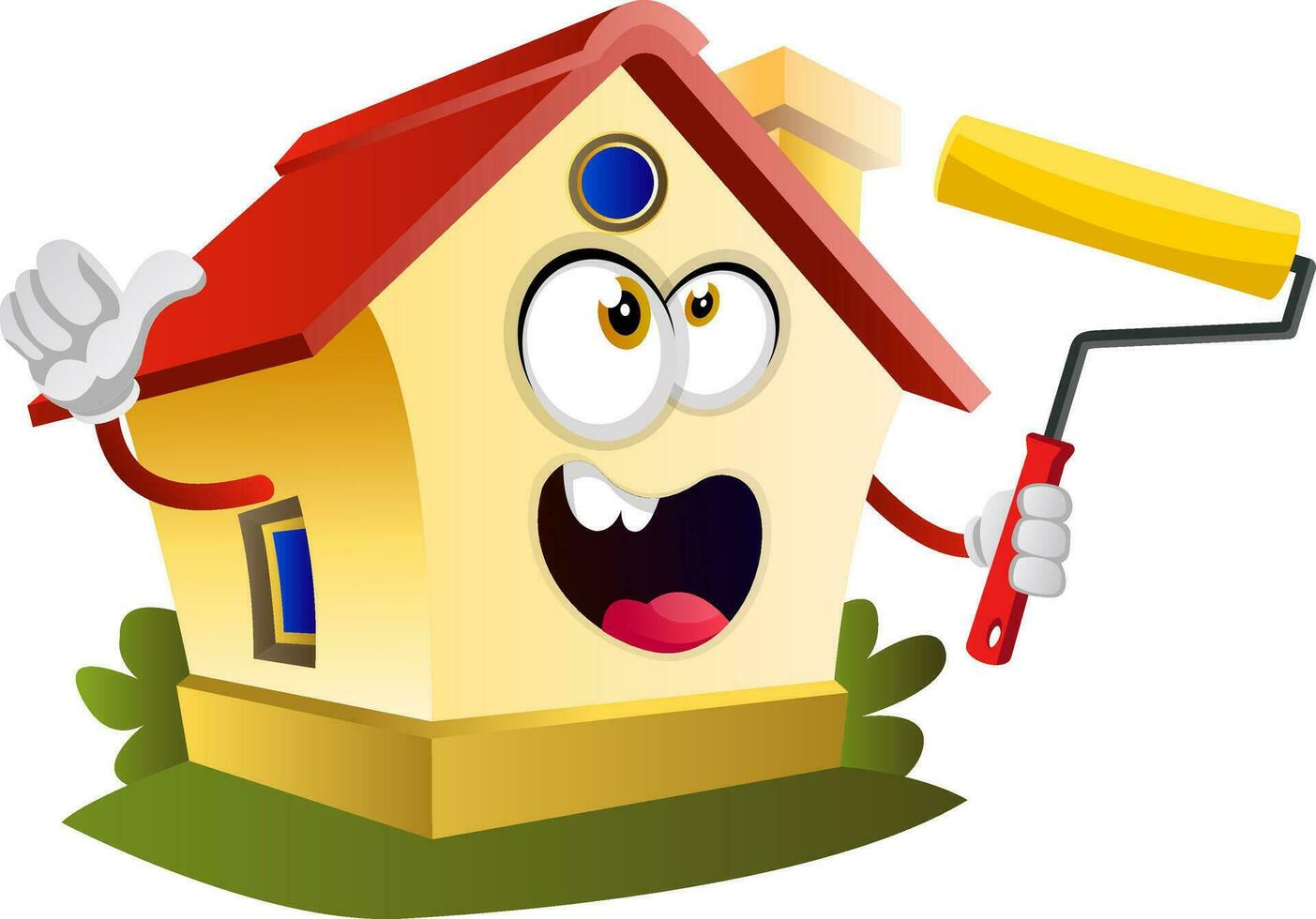 House is holding paint roller, illustration, vector on white background.