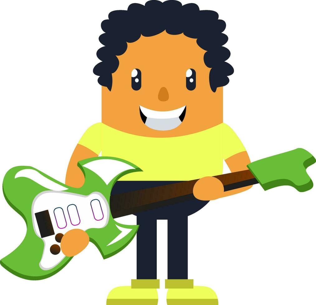 Man holding green guitar, illustration, vector on white background.