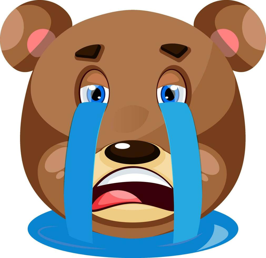 Grizzly bear crying his eyeballs out, illustration, vector on white background.