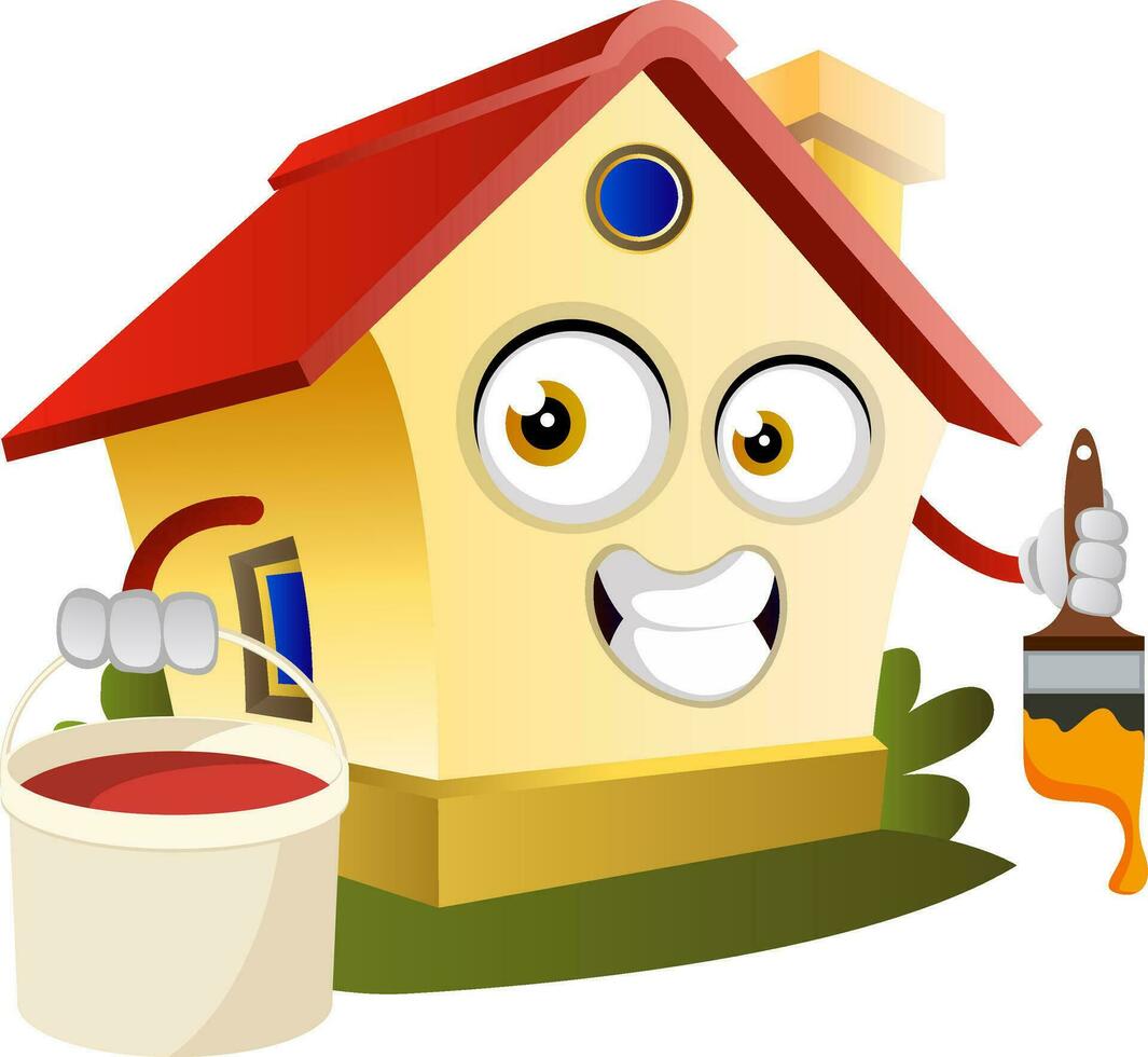 House is holding paint brush and bucket, illustration, vector on white background.
