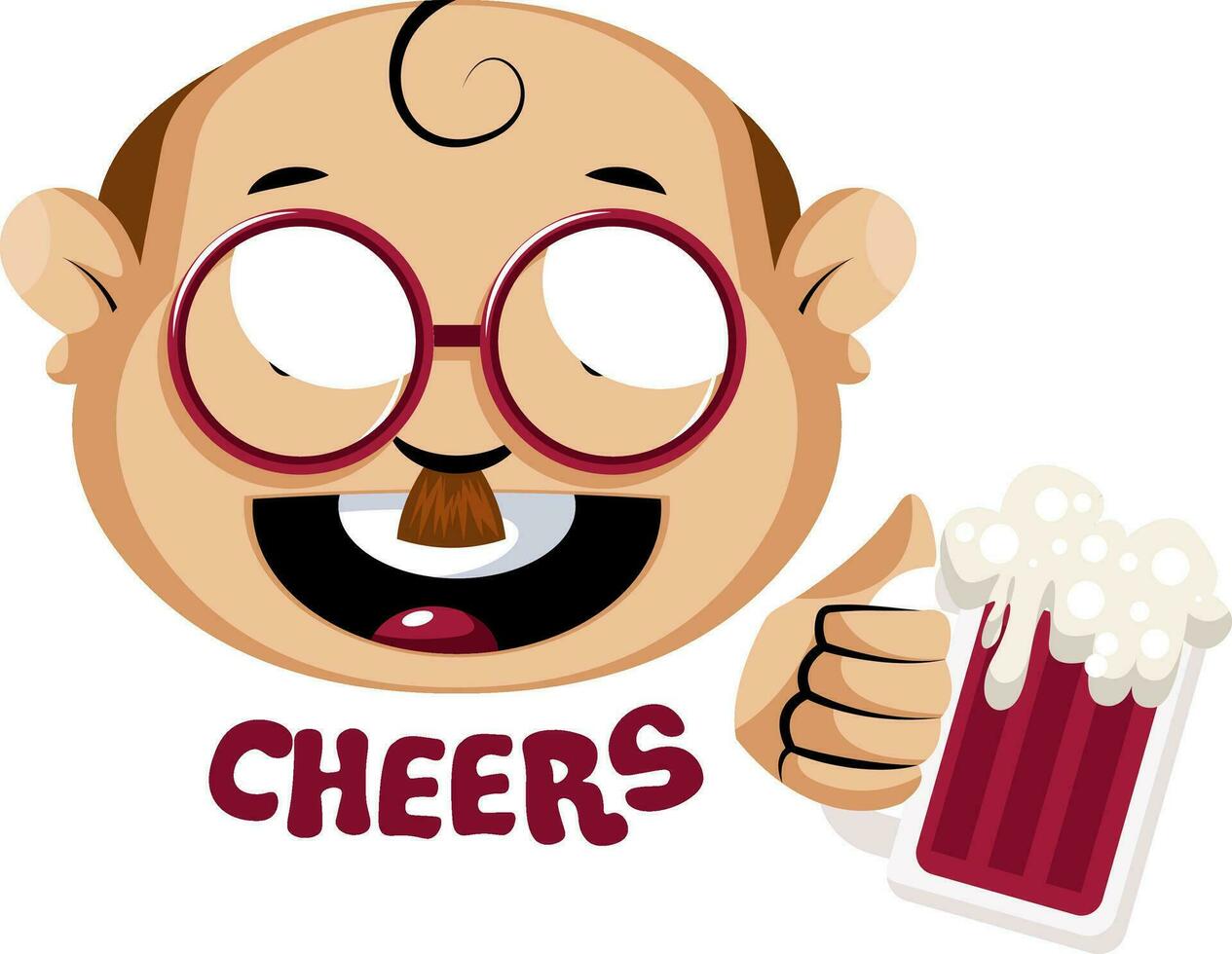 Nerdy human emoji holding a glass of beer, illustration, vector on white background.