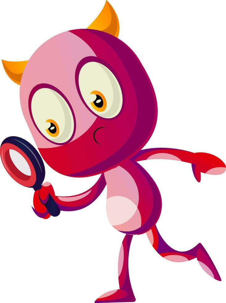 Devil with magnifying glass, illustration, vector on white background.