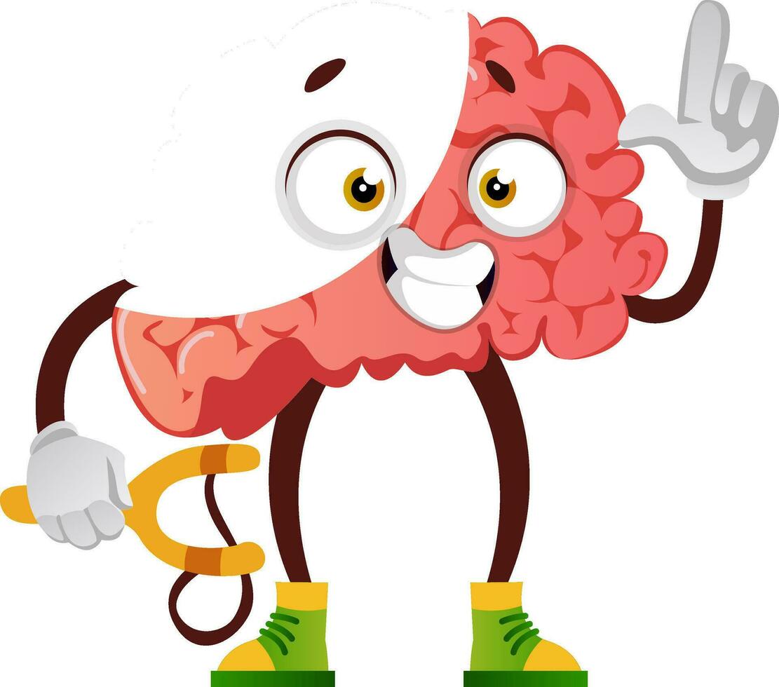 Brain is playing with slingshot, illustration, vector on white background.