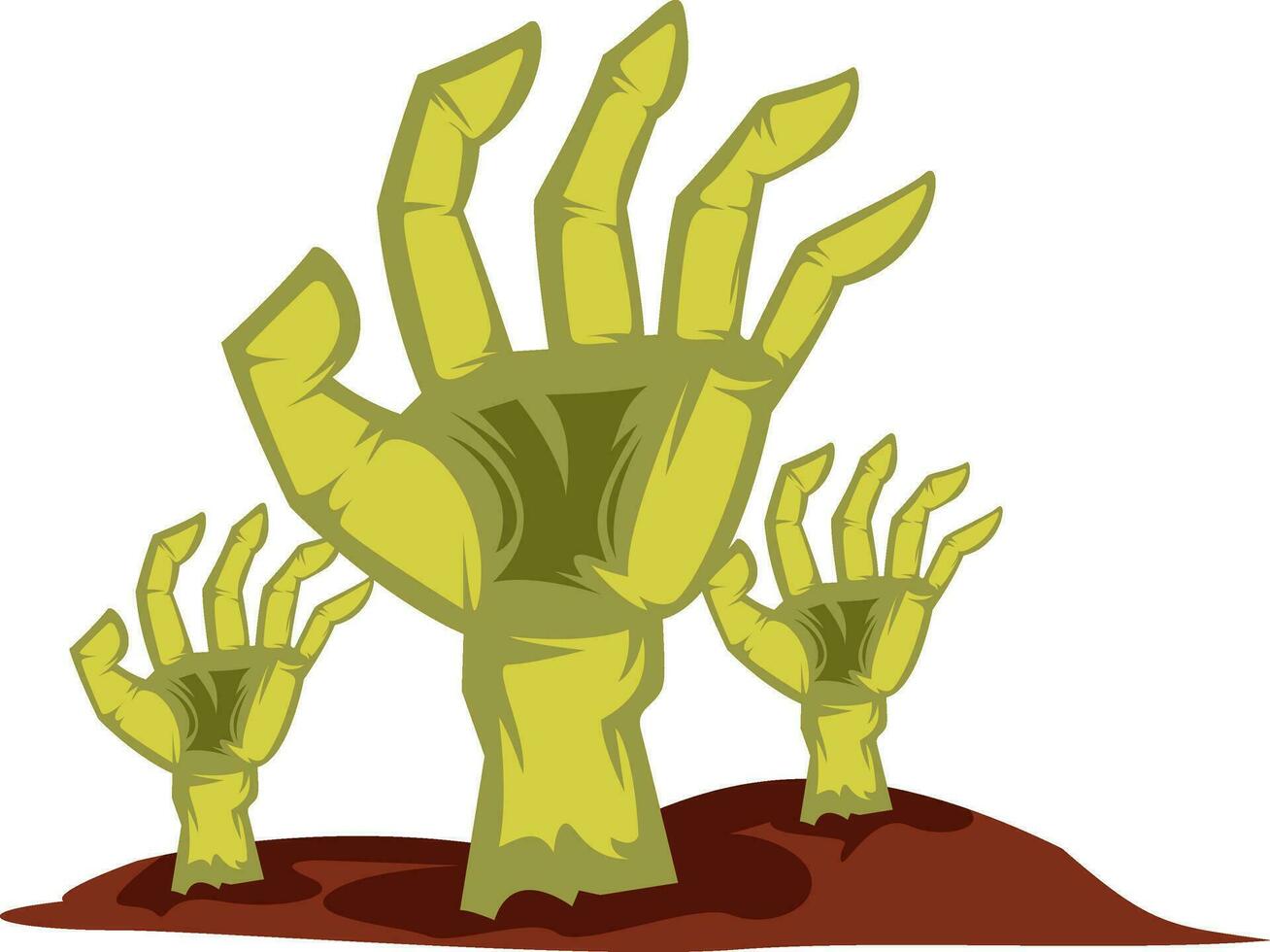 Three yellow hands rising from the ground halloween vector illustratoin on white background.