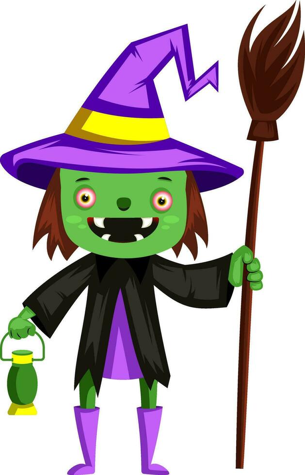 Happy green face witch with purple hat vector illustration on white background.