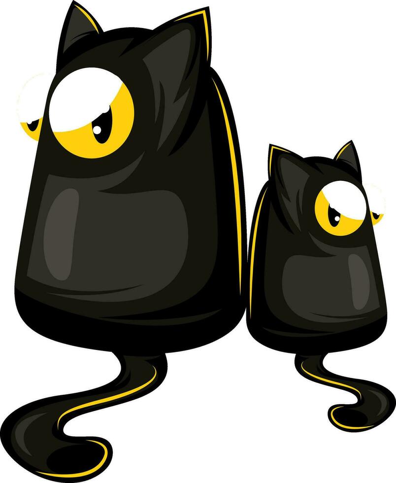 Vector illustration of two cartoon black cats with big yellow eyes on white background.