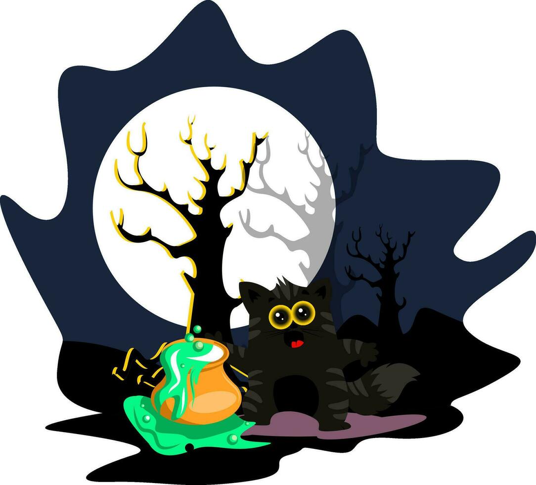 Halloween vector illustration of black and gray cat mixing potion under a full moon on white background.