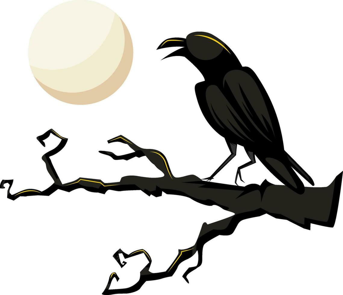 Black  crow howling at the full moon while standing on a tree vector illustration on white background.