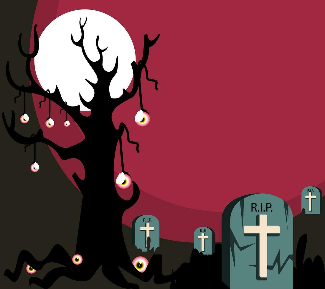 Cemetary under full moon vector illustration on white background.