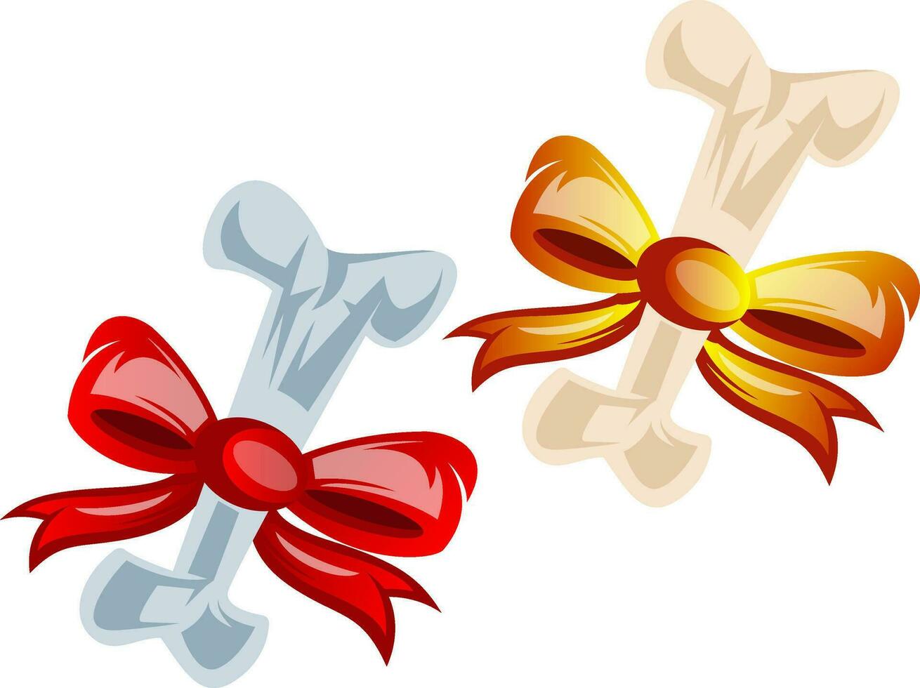 Vector illustration of two bones wraped in red and orange bows on white background.