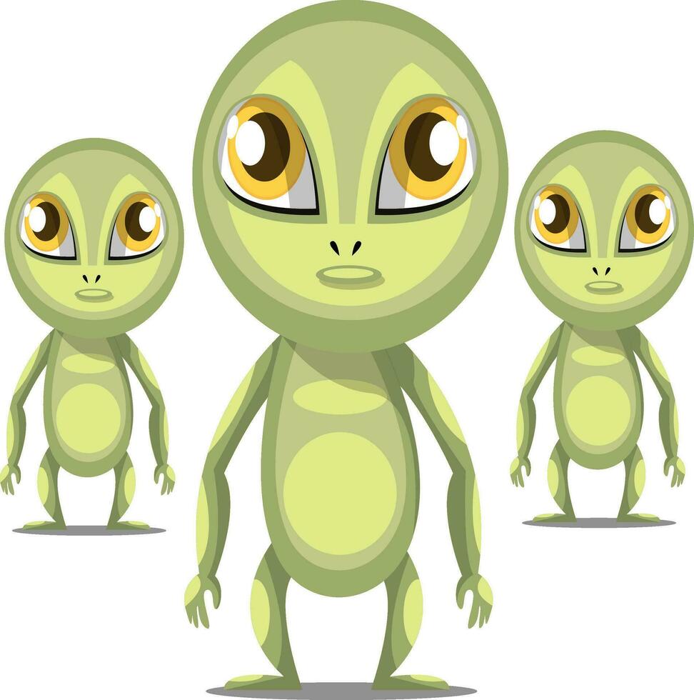 Three cartoon aliens with long arms and big eyes white background vector illustration.