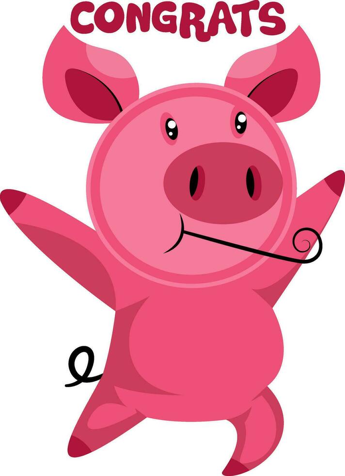 Pink piggy dancing saying Congrats vector illustration on a white backgorund