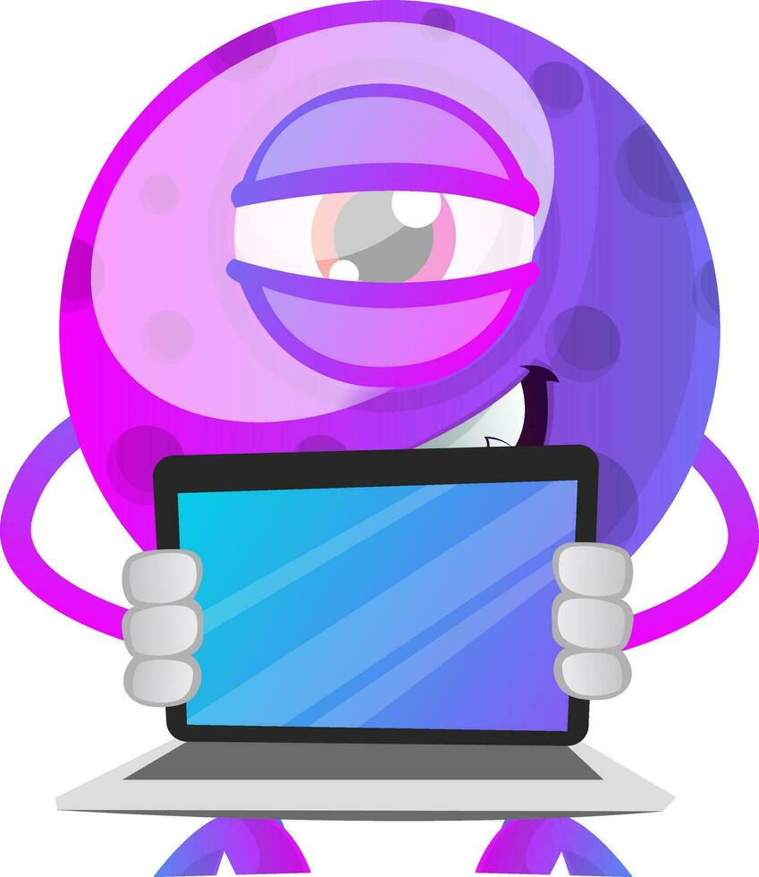 púrpura monstruo con un ordenador portátil ilustración vector en blanco antecedentes