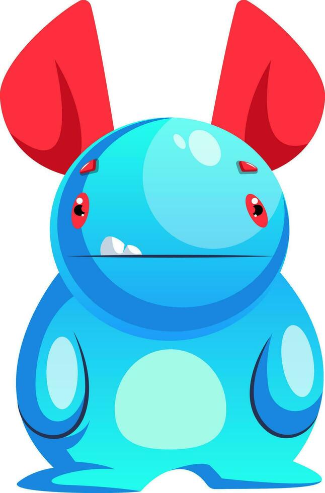 Vector illustration of confused blue monster character with huge red ears on white background.