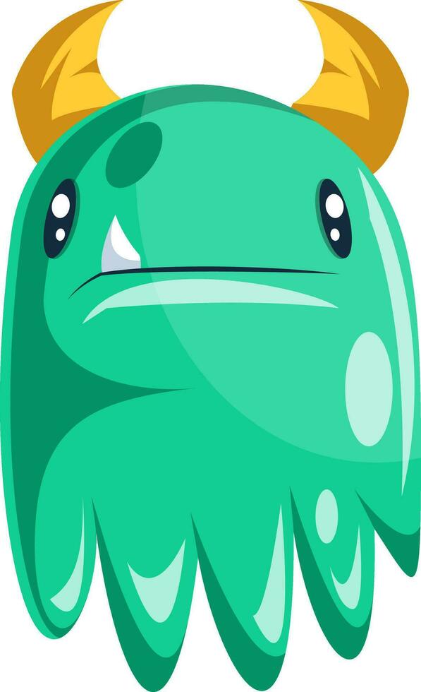 Green confused ghost with yellow horns cartoon character white background vector illustration.