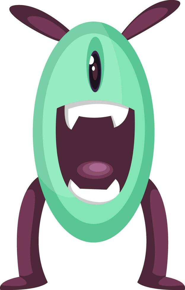 Excited green monster character with purple legs and ears vector illustration on white background.