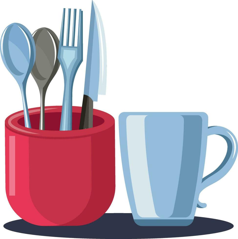 Cutlery stand and cup vector color illustration.