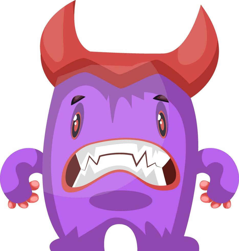 Scared purple monster with big red horns white background vector illustration.