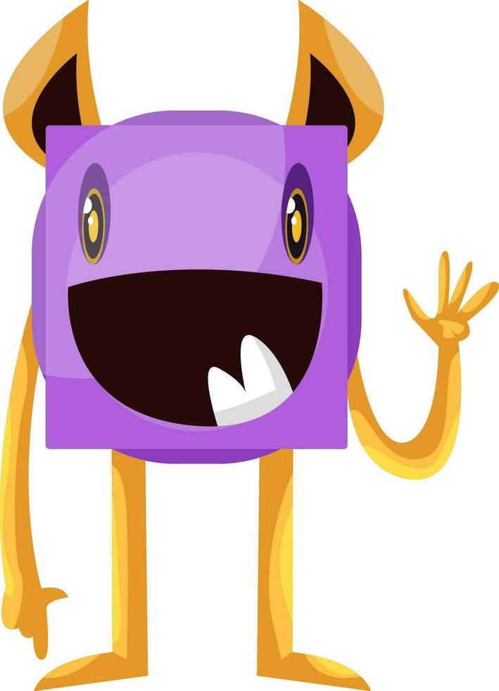 Smilling waving purple monster with long yellow arms and legs white background vector illustration.