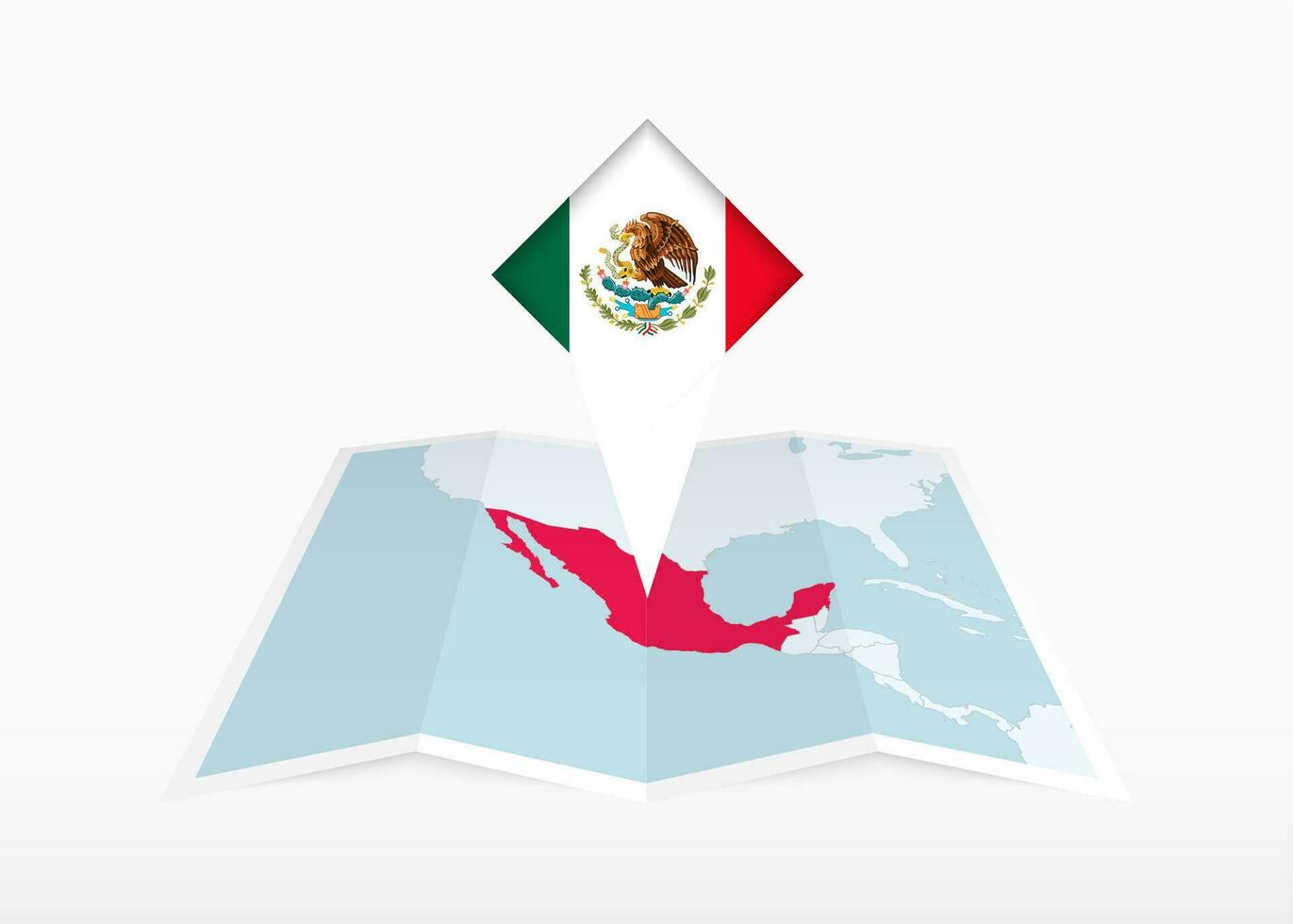 Mexico is depicted on a folded paper map and pinned location marker with flag of Mexico. vector