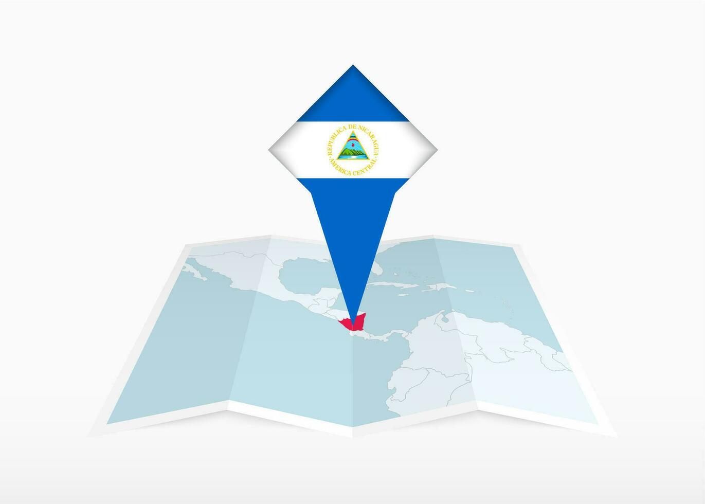 Nicaragua es representado en un doblada papel mapa y clavado ubicación marcador con bandera de Nicaragua. vector