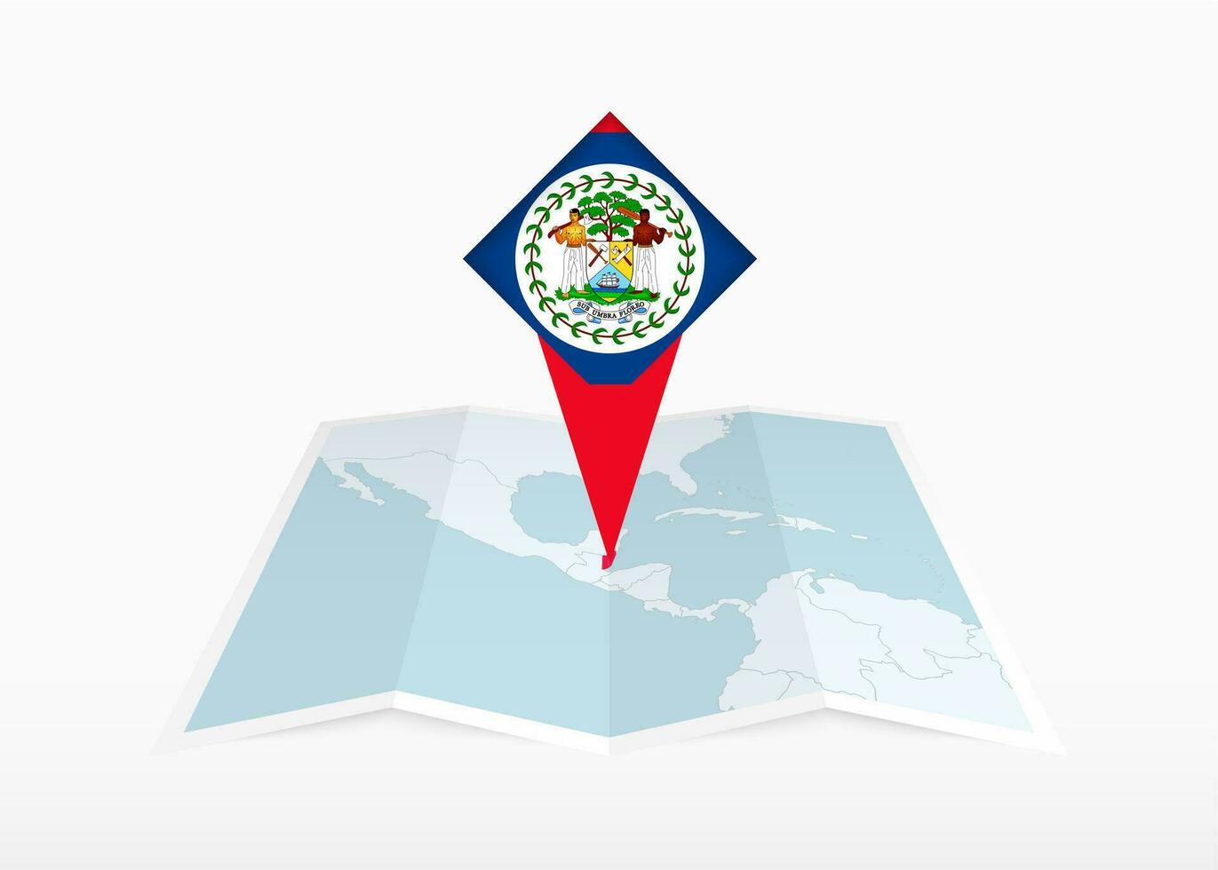 Belize is depicted on a folded paper map and pinned location marker with flag of Belize. vector