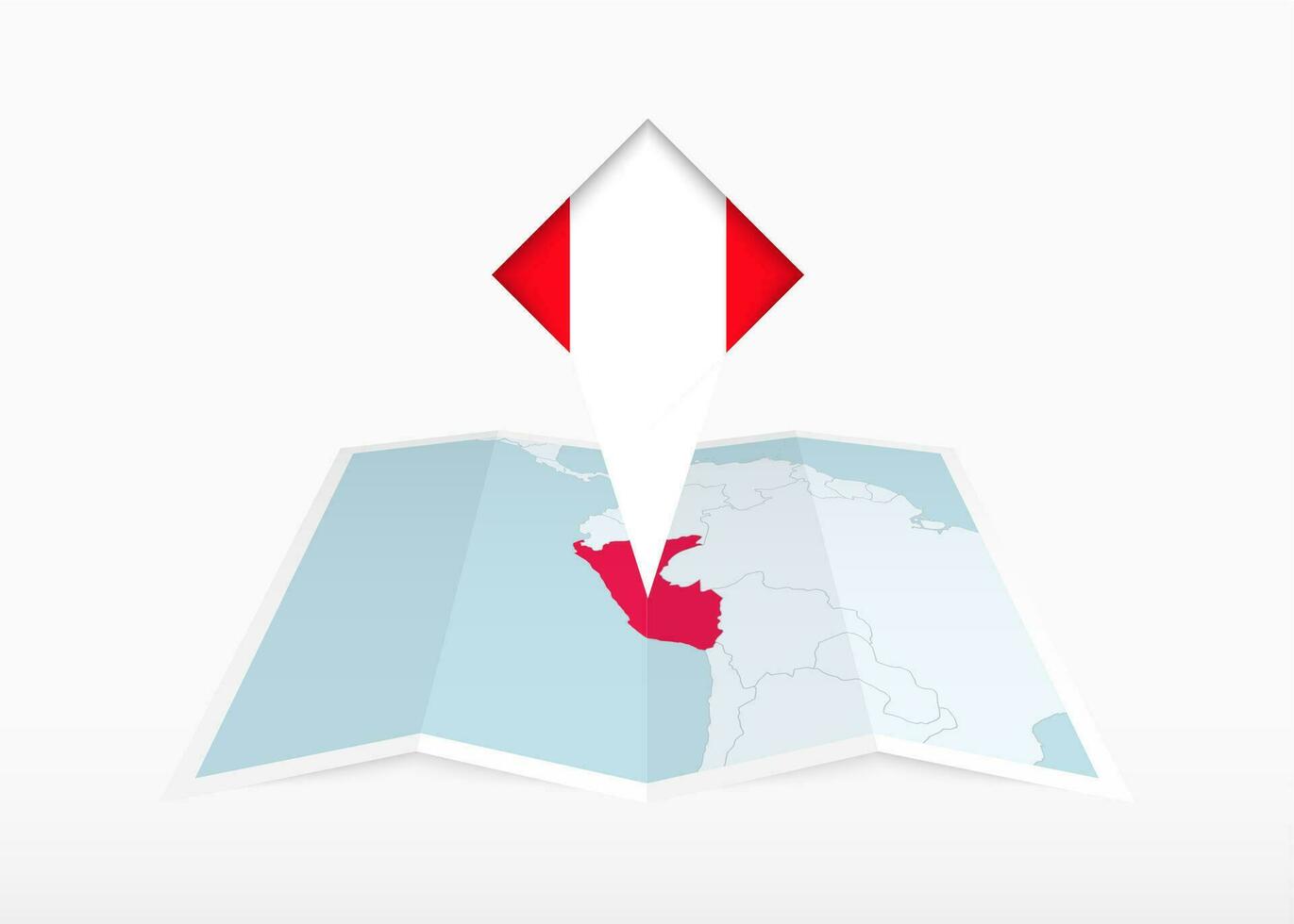Peru is depicted on a folded paper map and pinned location marker with flag of Peru. vector