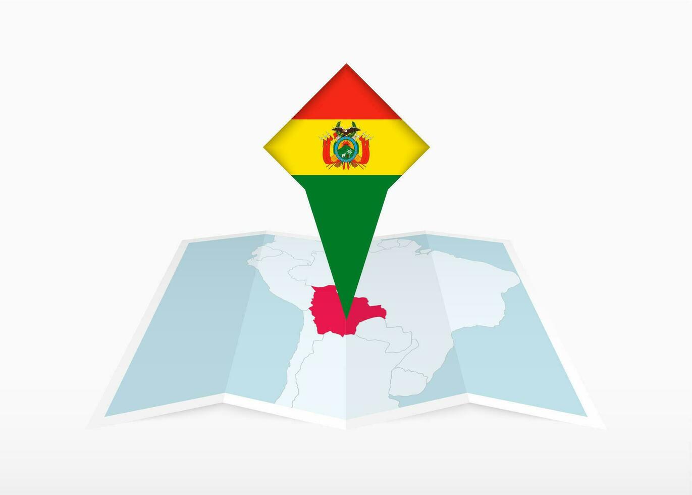 bolivia es representado en un doblada papel mapa y clavado ubicación marcador con bandera de Bolivia vector