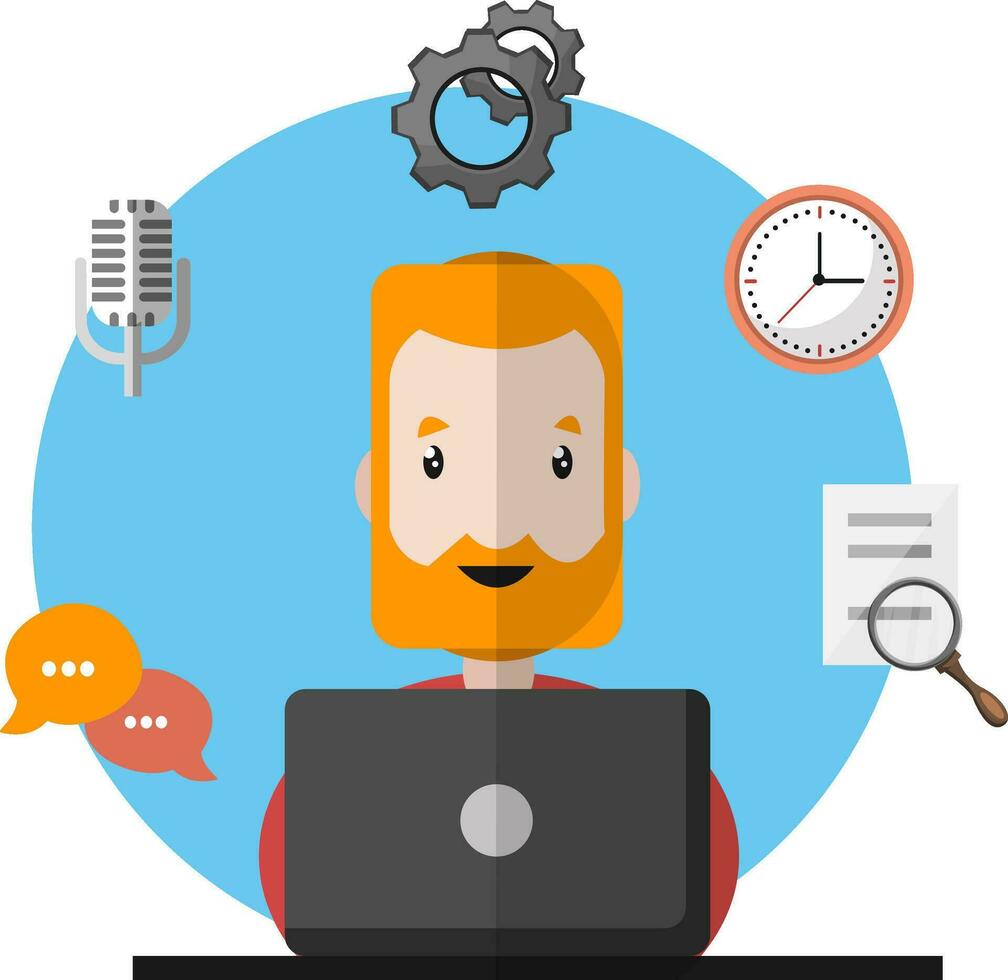 Man with beard working in front of his laptop coming up with ideas deadline communication  white background vector illustration