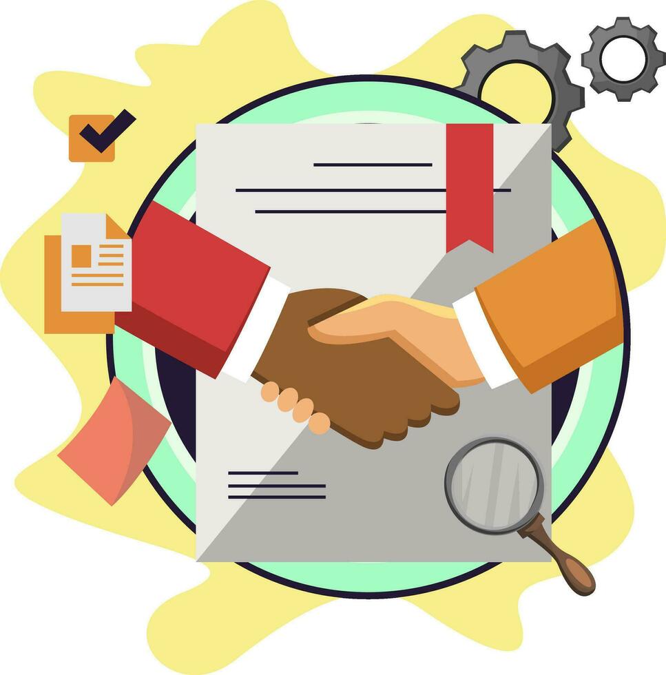 Print handshaking over an agreement on white background vector illustration