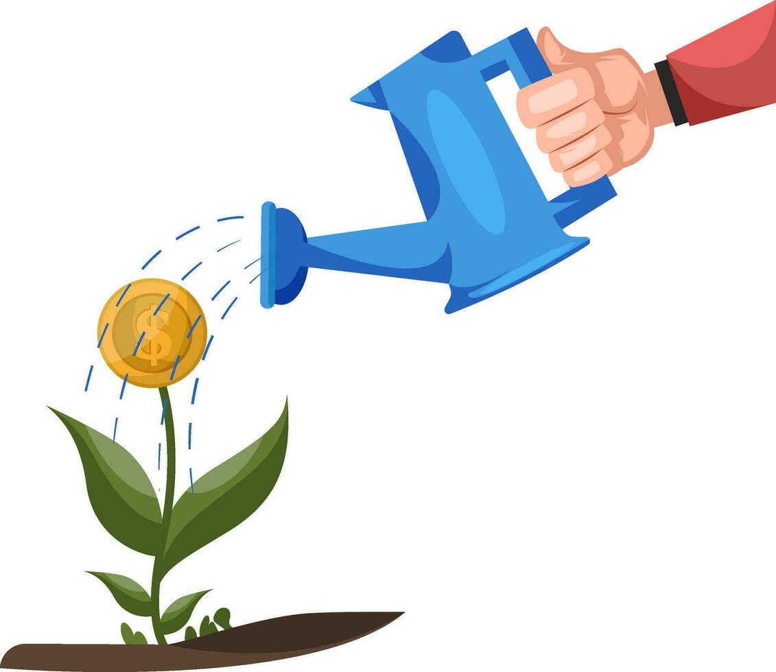 Watering can watering a flower with a coin in stead of a flower on white background vector illustration.