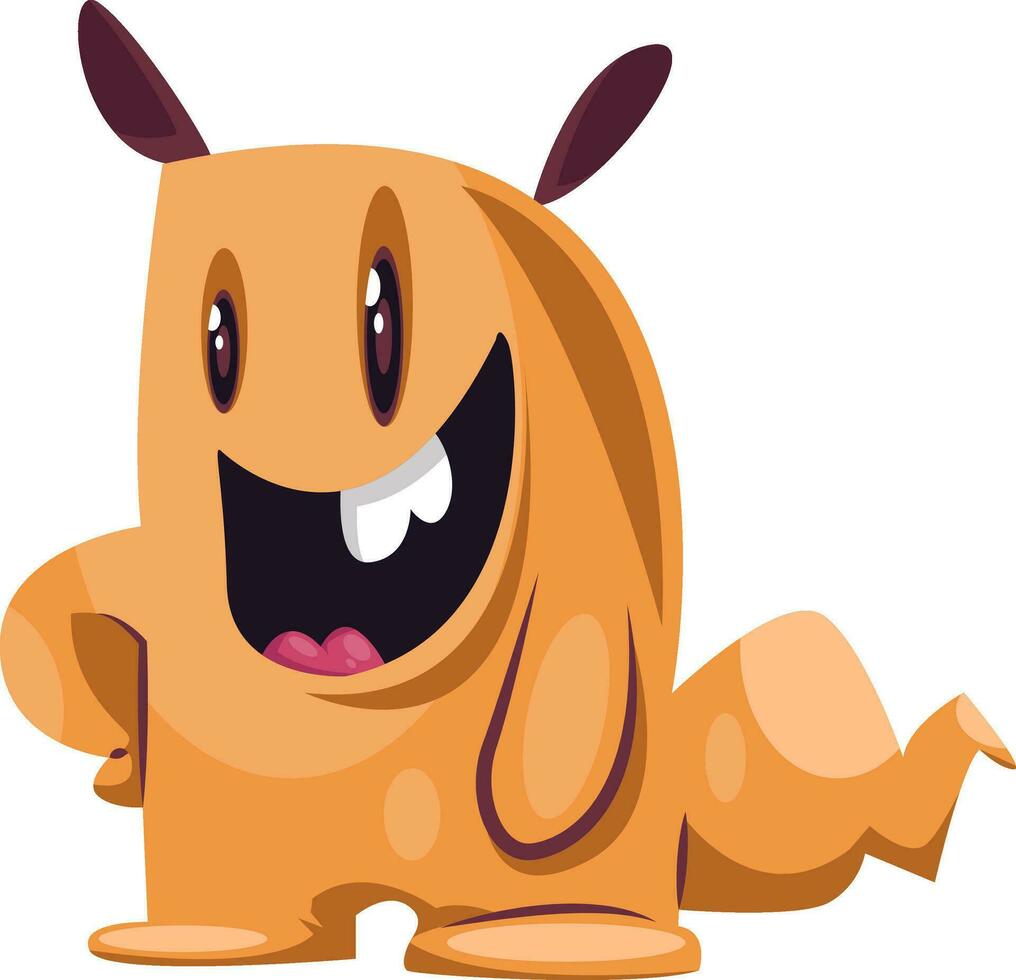 Imaginary orange monster smiling showing a tooth white background vector illustrator.