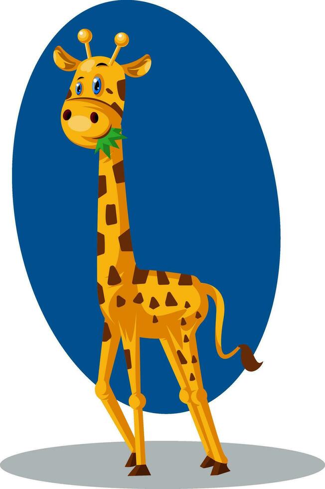 Tall yellow giraffe eating, illustration, vector on white background.