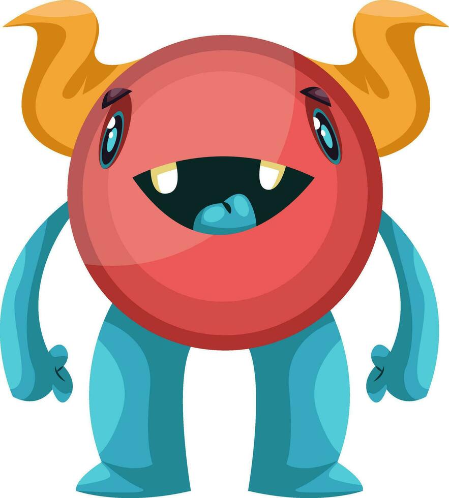 Cute red  cartoon monster with blue legs and yellow horns white background vector illustration.