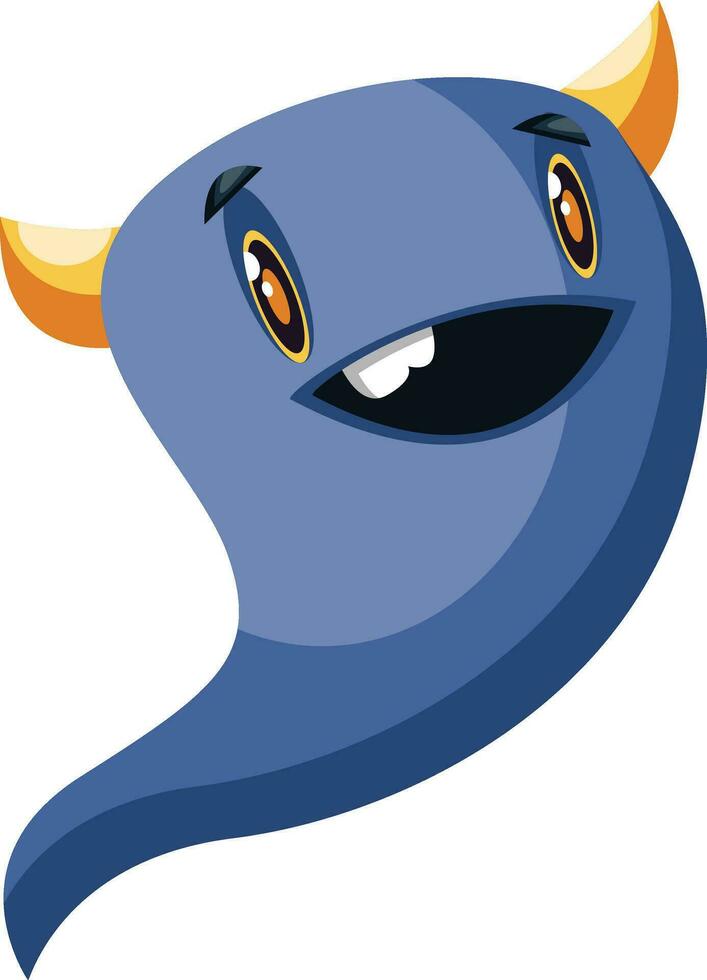 Happy ghost cartoon blue monster with small yellow horns white background vector illustration.