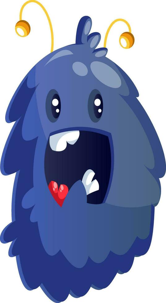 Happy blue furry cartoon monster on white background vector illustration.