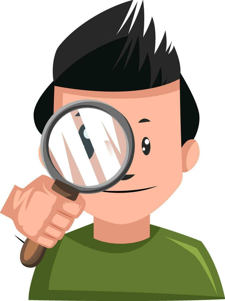 Man looking through a magnifying glass on white background vector illustration.