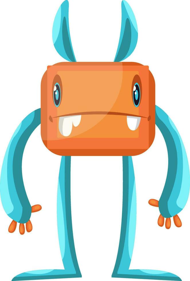 Tall orange and blue creature with long arms and legs  white background vector illustration.