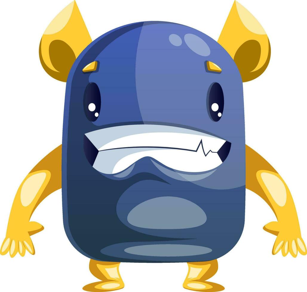 Blue and yellow cartoon monster smiling white background vector illustration.