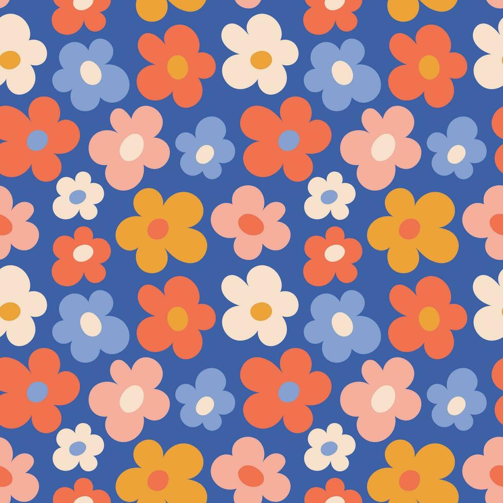 Seamless pattern of simple multi-colored flowers on a blue background vector