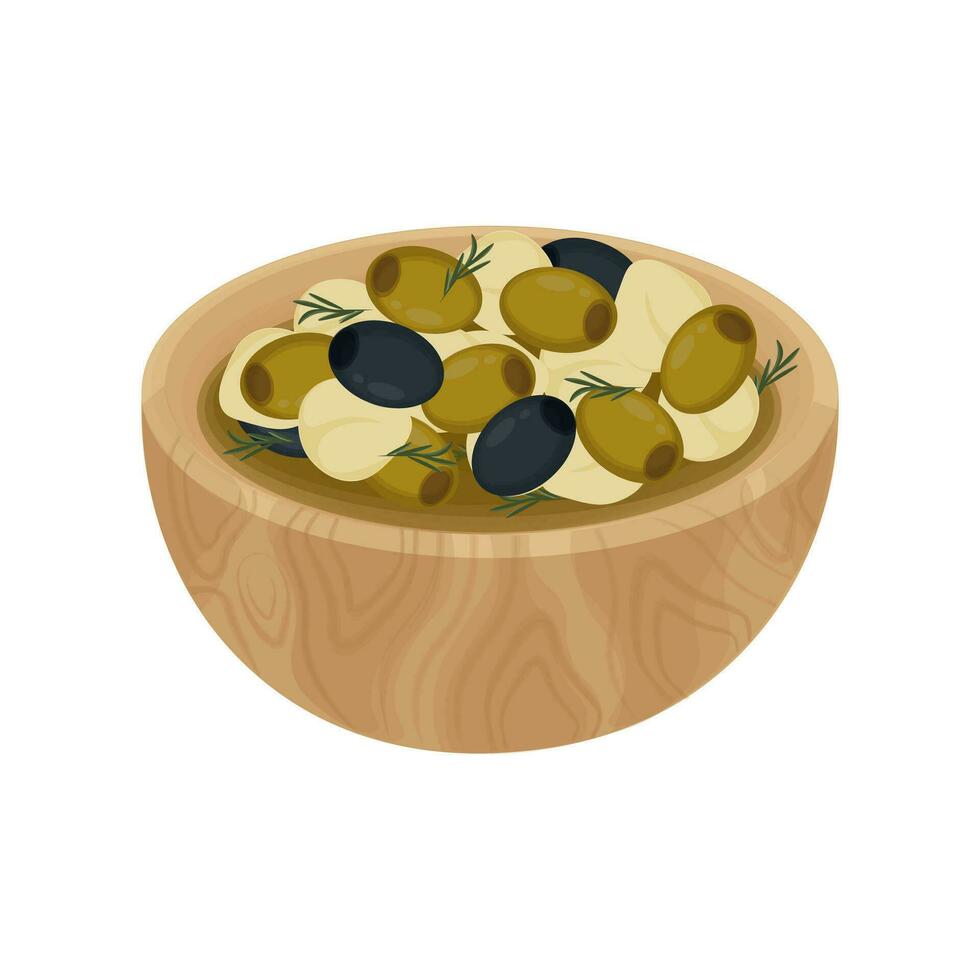 Vector illustration of marinating mozzarella cheese balls with olive on a wooden bowl