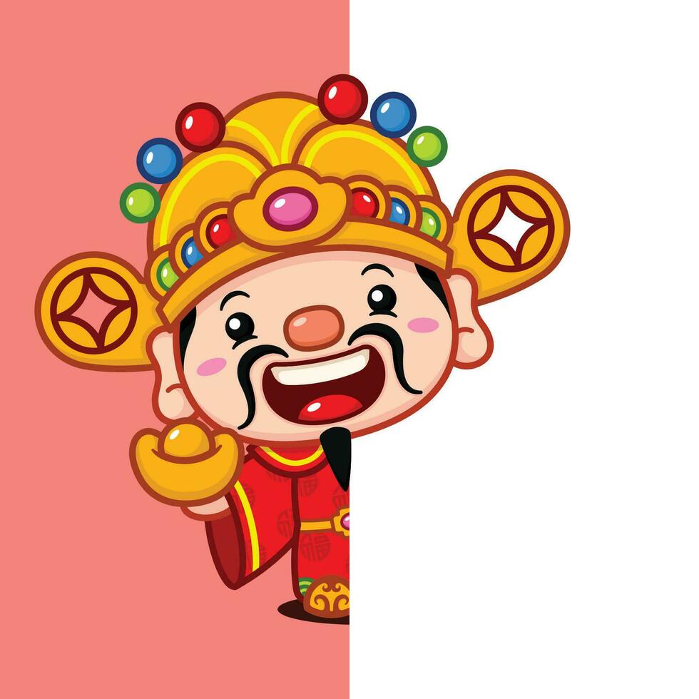 Cute Chinese New Year Fortune God Holding Gold Money Behind A Wall vector