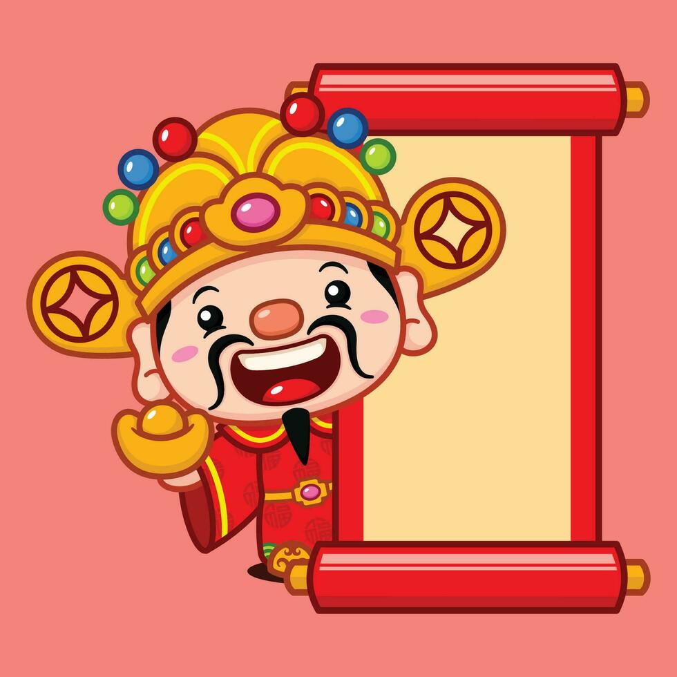 Cute Chinese New Year Fortune God Behind A Big Scroll Banner vector