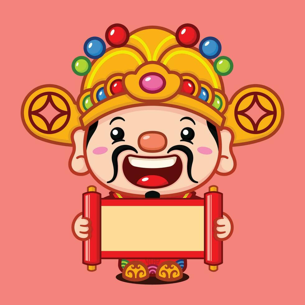 Cute Chinese New Year Fortune God With Scroll Banner vector