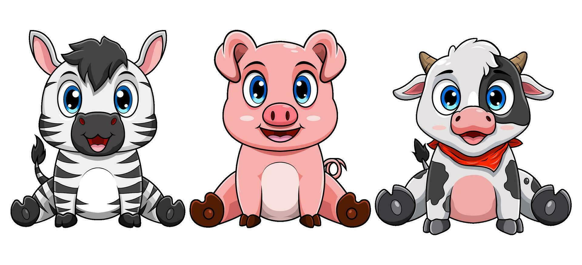 Cartoon cute farm animals sitting vector